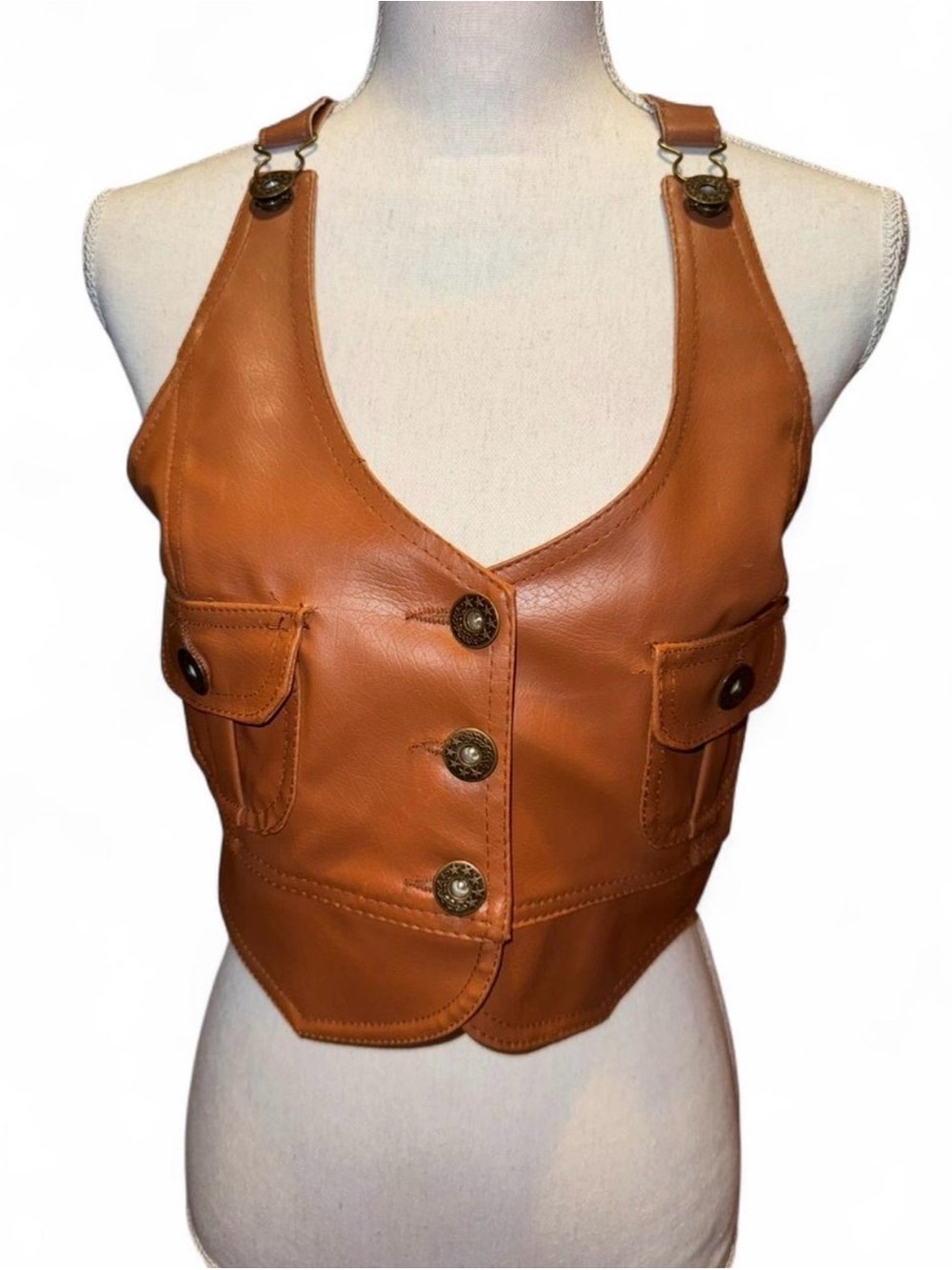 Body Central Cognac Leather Button-Front Crop Vest